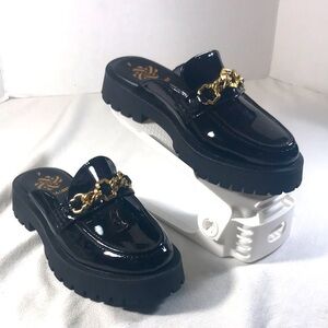 Black Patent Leather Loafers with Gold Chain